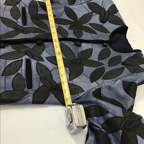 Leather Custom Made Crop Jacket Blue With Flower Petal Crew Neck Cropped Jacket - Picture 5 of 15